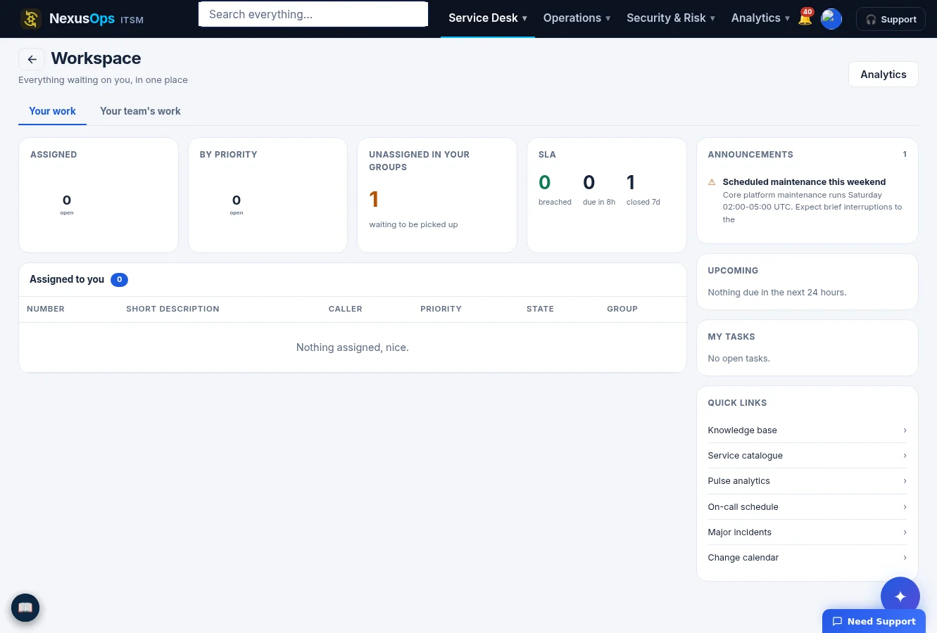 Agent workspace in NexusOps ITSM